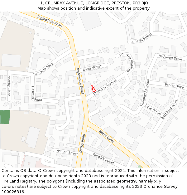 1, CRUMPAX AVENUE, LONGRIDGE, PRESTON, PR3 3JQ: Location map and indicative extent of plot