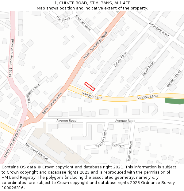 1, CULVER ROAD, ST ALBANS, AL1 4EB: Location map and indicative extent of plot