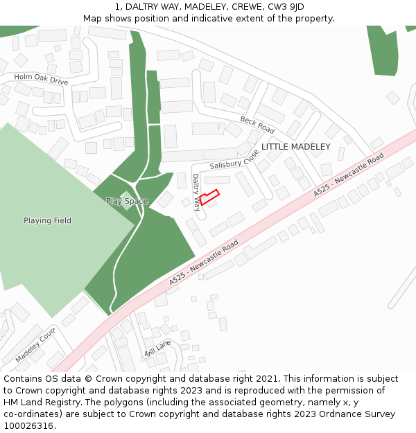 1, DALTRY WAY, MADELEY, CREWE, CW3 9JD: Location map and indicative extent of plot
