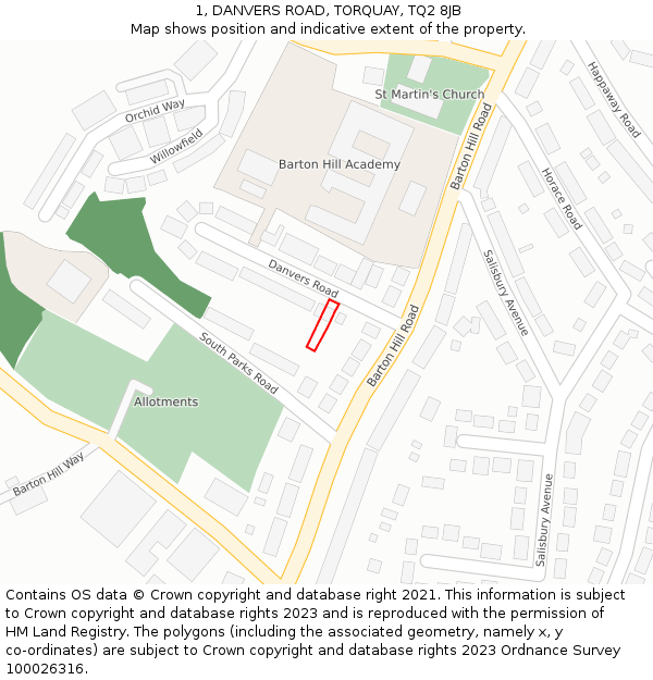 1, DANVERS ROAD, TORQUAY, TQ2 8JB: Location map and indicative extent of plot