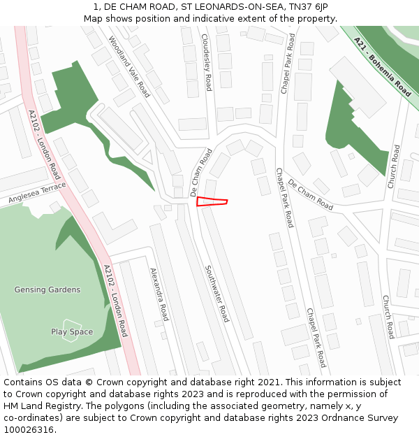 1, DE CHAM ROAD, ST LEONARDS-ON-SEA, TN37 6JP: Location map and indicative extent of plot