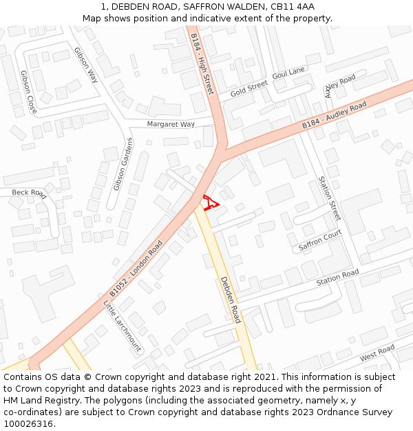 1, DEBDEN ROAD, SAFFRON WALDEN, CB11 4AA: Location map and indicative extent of plot