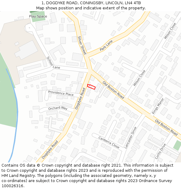 1, DOGDYKE ROAD, CONINGSBY, LINCOLN, LN4 4TB: Location map and indicative extent of plot