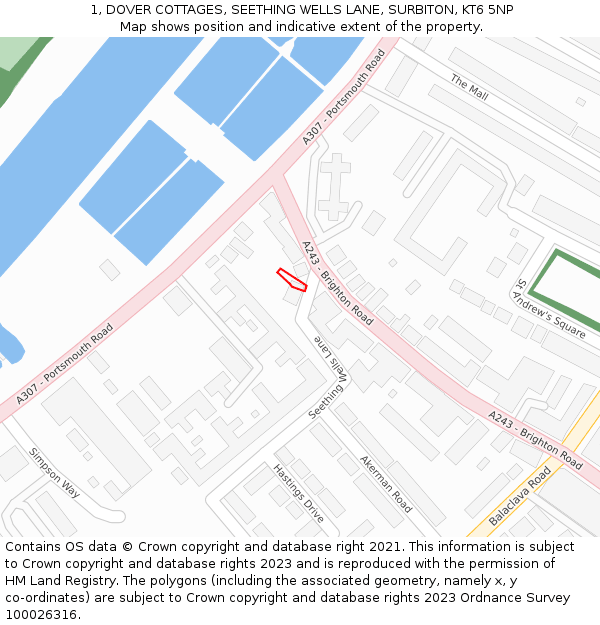 1, DOVER COTTAGES, SEETHING WELLS LANE, SURBITON, KT6 5NP: Location map and indicative extent of plot