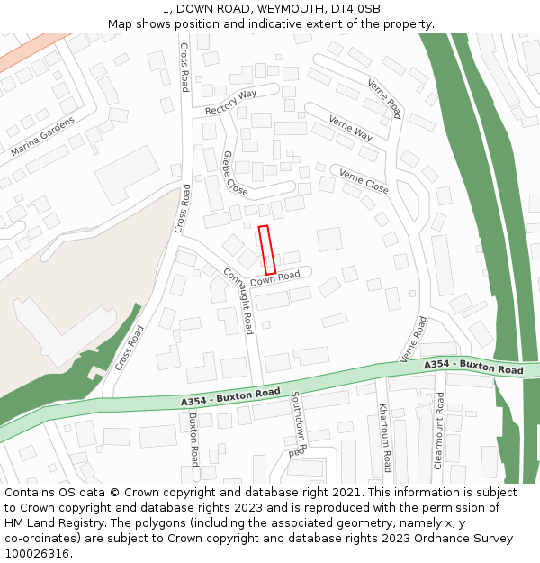 1, DOWN ROAD, WEYMOUTH, DT4 0SB: Location map and indicative extent of plot