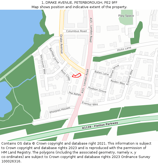 1, DRAKE AVENUE, PETERBOROUGH, PE2 9FF: Location map and indicative extent of plot