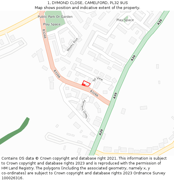 1, DYMOND CLOSE, CAMELFORD, PL32 9US: Location map and indicative extent of plot