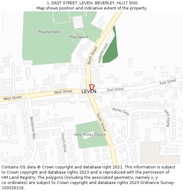1, EAST STREET, LEVEN, BEVERLEY, HU17 5NG: Location map and indicative extent of plot