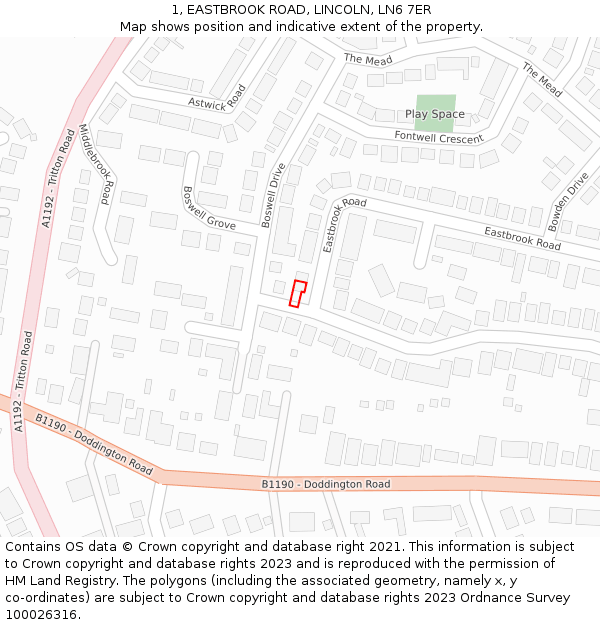 1, EASTBROOK ROAD, LINCOLN, LN6 7ER: Location map and indicative extent of plot