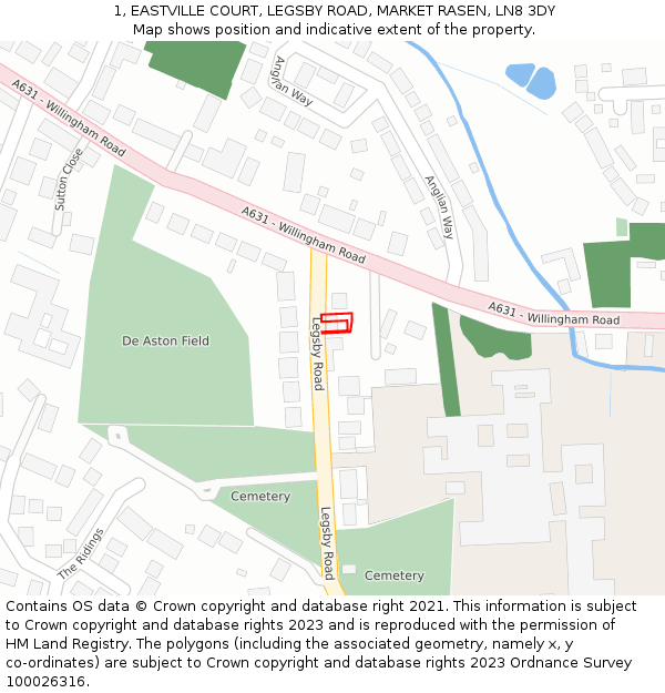 1, EASTVILLE COURT, LEGSBY ROAD, MARKET RASEN, LN8 3DY: Location map and indicative extent of plot