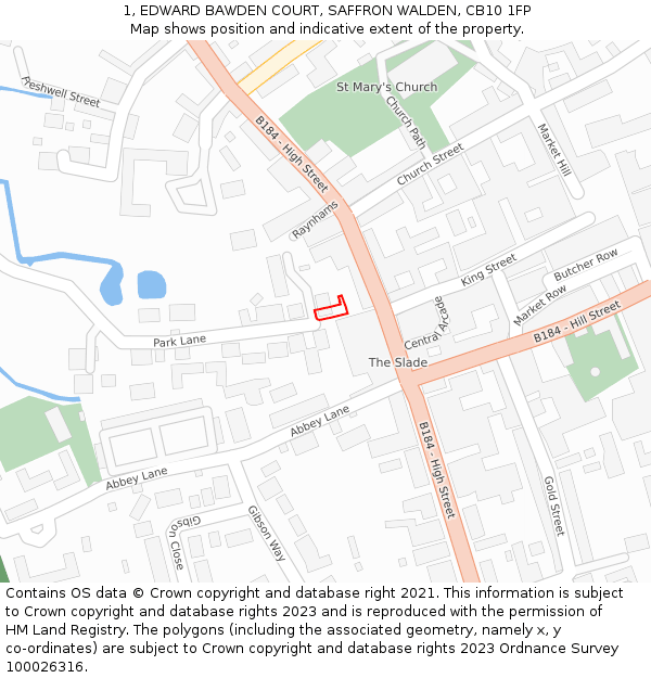 1, EDWARD BAWDEN COURT, SAFFRON WALDEN, CB10 1FP: Location map and indicative extent of plot