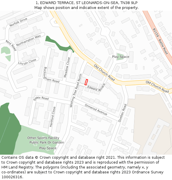 1, EDWARD TERRACE, ST LEONARDS-ON-SEA, TN38 9LP: Location map and indicative extent of plot