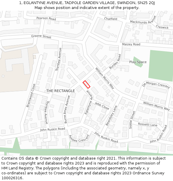 1, EGLANTYNE AVENUE, TADPOLE GARDEN VILLAGE, SWINDON, SN25 2QJ: Location map and indicative extent of plot