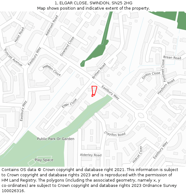 1, ELGAR CLOSE, SWINDON, SN25 2HG: Location map and indicative extent of plot