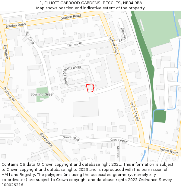 1, ELLIOTT GARROOD GARDENS, BECCLES, NR34 9RA: Location map and indicative extent of plot