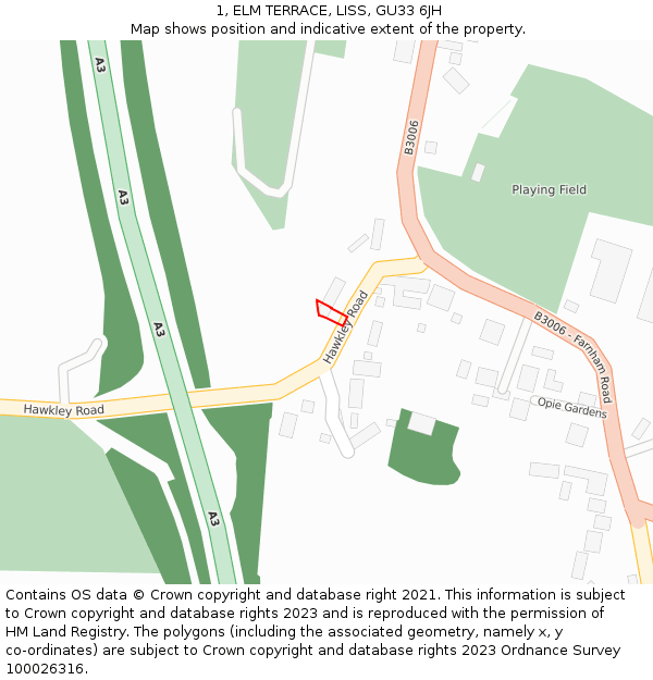 1, ELM TERRACE, LISS, GU33 6JH: Location map and indicative extent of plot
