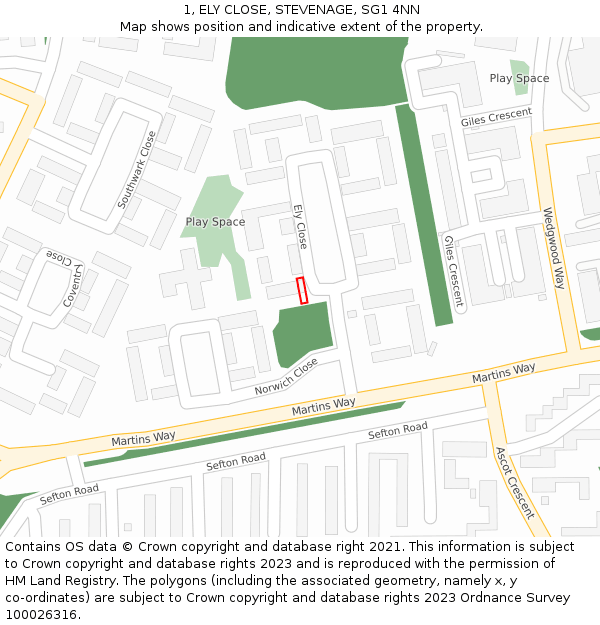 1, ELY CLOSE, STEVENAGE, SG1 4NN: Location map and indicative extent of plot