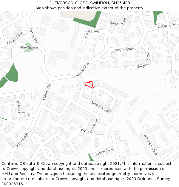1, EMERSON CLOSE, SWINDON, SN25 4FB: Location map and indicative extent of plot