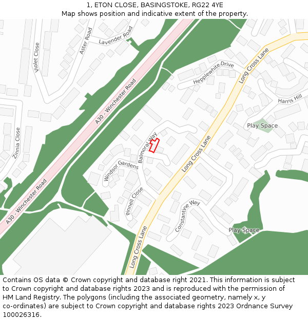 1, ETON CLOSE, BASINGSTOKE, RG22 4YE: Location map and indicative extent of plot