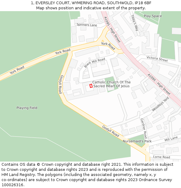 1, EVERSLEY COURT, WYMERING ROAD, SOUTHWOLD, IP18 6BF: Location map and indicative extent of plot