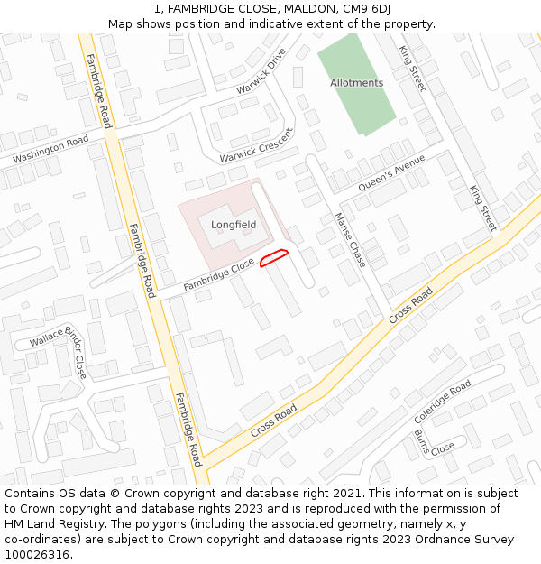 1, FAMBRIDGE CLOSE, MALDON, CM9 6DJ: Location map and indicative extent of plot