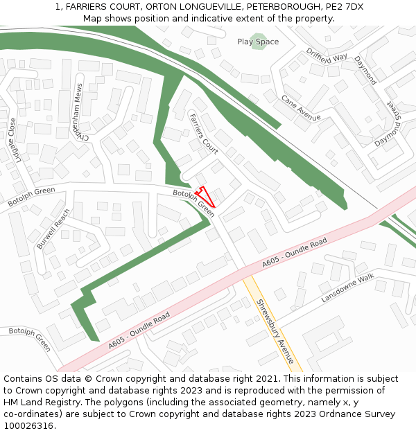 1, FARRIERS COURT, ORTON LONGUEVILLE, PETERBOROUGH, PE2 7DX: Location map and indicative extent of plot