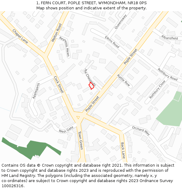 1, FERN COURT, POPLE STREET, WYMONDHAM, NR18 0PS: Location map and indicative extent of plot