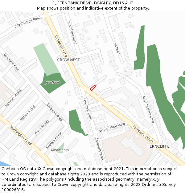 1, FERNBANK DRIVE, BINGLEY, BD16 4HB: Location map and indicative extent of plot