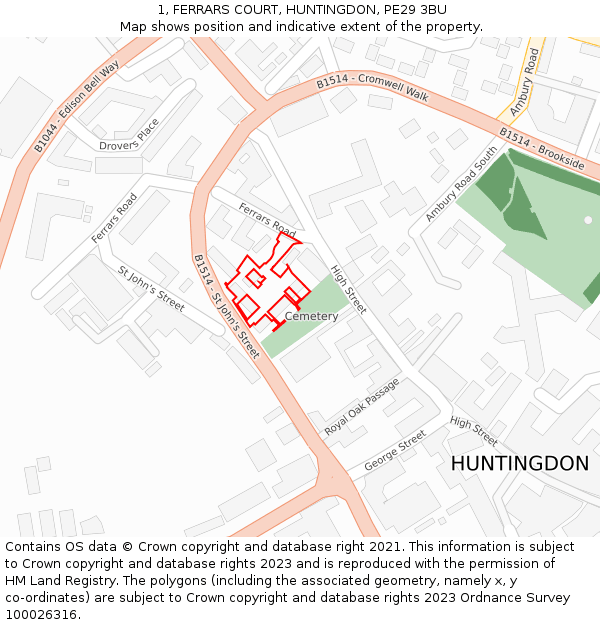 1, FERRARS COURT, HUNTINGDON, PE29 3BU: Location map and indicative extent of plot