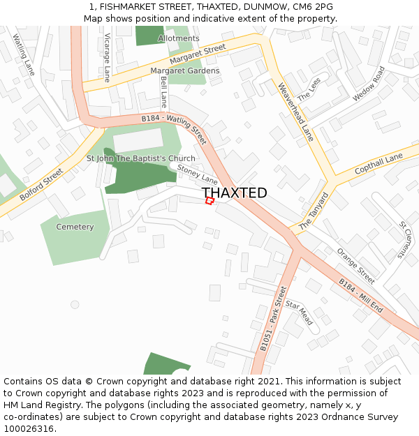 1, FISHMARKET STREET, THAXTED, DUNMOW, CM6 2PG: Location map and indicative extent of plot
