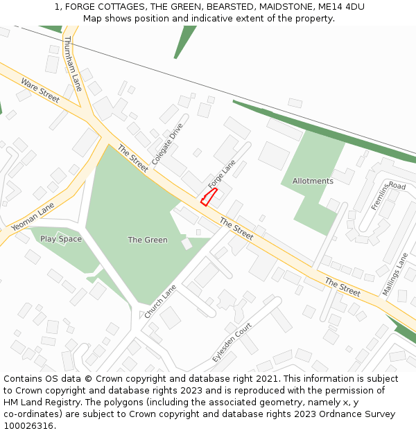1, FORGE COTTAGES, THE GREEN, BEARSTED, MAIDSTONE, ME14 4DU: Location map and indicative extent of plot