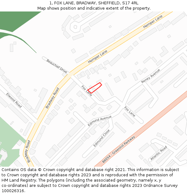 1, FOX LANE, BRADWAY, SHEFFIELD, S17 4RL: Location map and indicative extent of plot