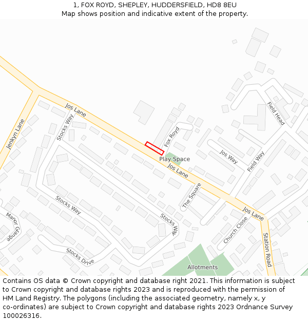 1, FOX ROYD, SHEPLEY, HUDDERSFIELD, HD8 8EU: Location map and indicative extent of plot