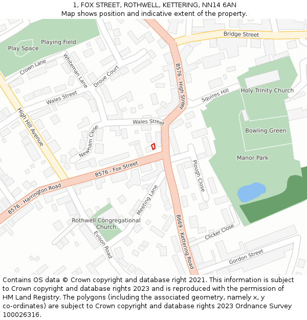 1, FOX STREET, ROTHWELL, KETTERING, NN14 6AN: Location map and indicative extent of plot