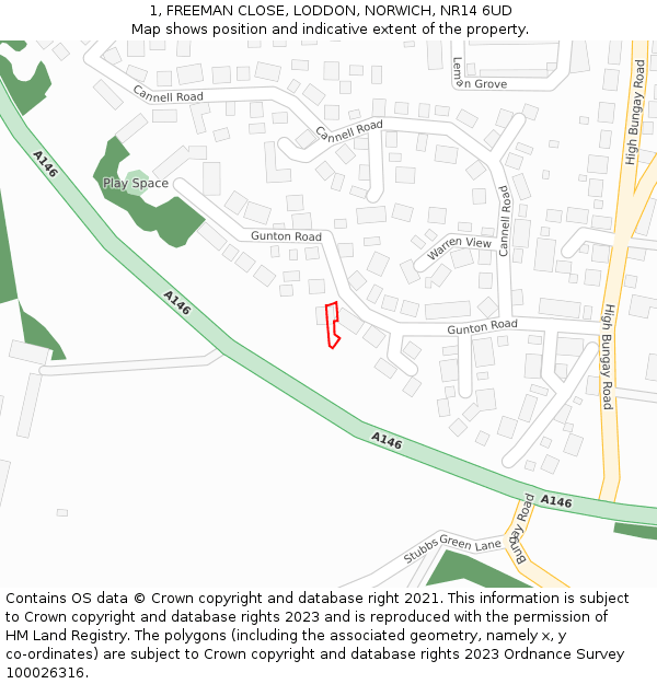 1, FREEMAN CLOSE, LODDON, NORWICH, NR14 6UD: Location map and indicative extent of plot