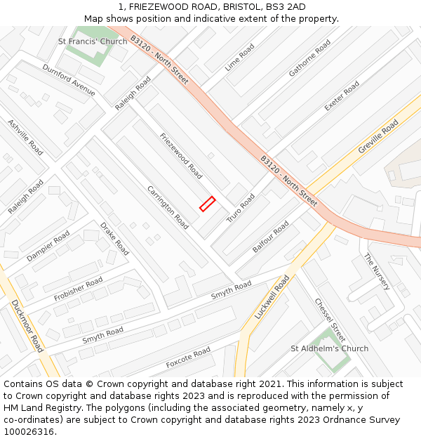 1, FRIEZEWOOD ROAD, BRISTOL, BS3 2AD: Location map and indicative extent of plot