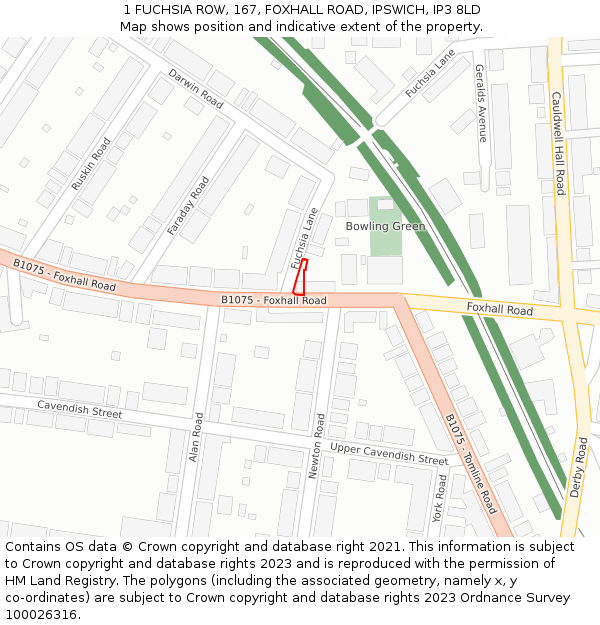 1 FUCHSIA ROW, 167, FOXHALL ROAD, IPSWICH, IP3 8LD: Location map and indicative extent of plot