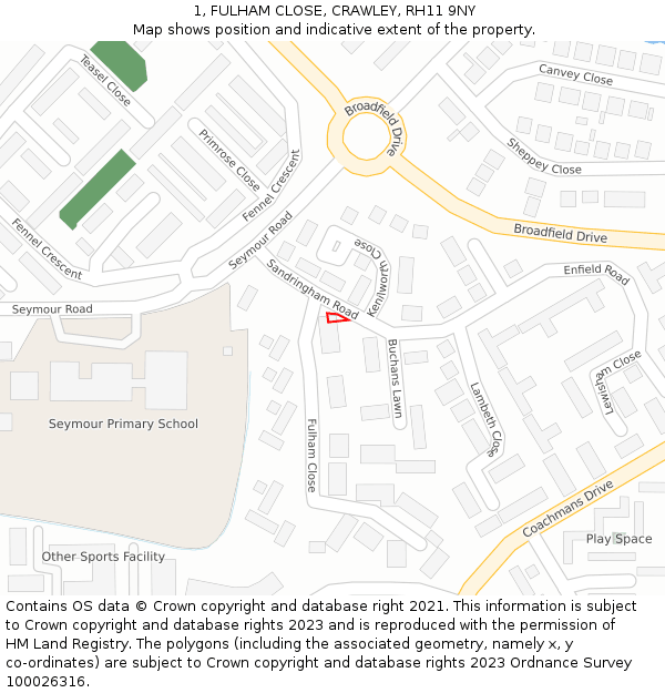 1, FULHAM CLOSE, CRAWLEY, RH11 9NY: Location map and indicative extent of plot