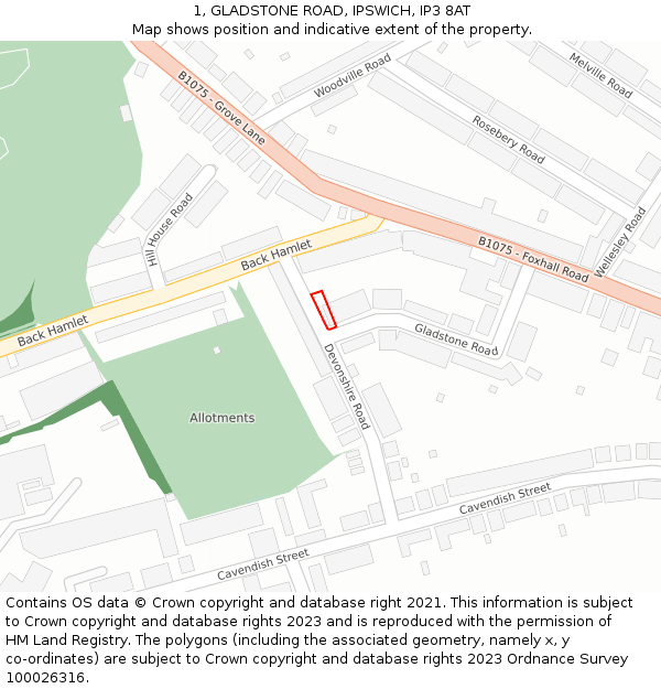 1, GLADSTONE ROAD, IPSWICH, IP3 8AT: Location map and indicative extent of plot