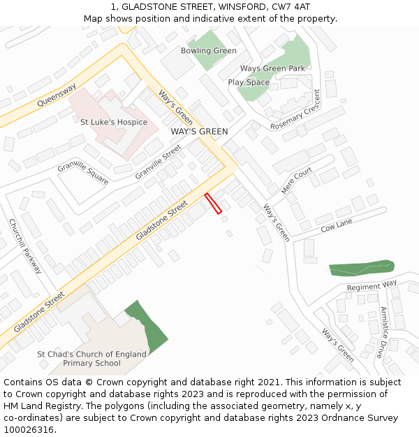 1, GLADSTONE STREET, WINSFORD, CW7 4AT: Location map and indicative extent of plot