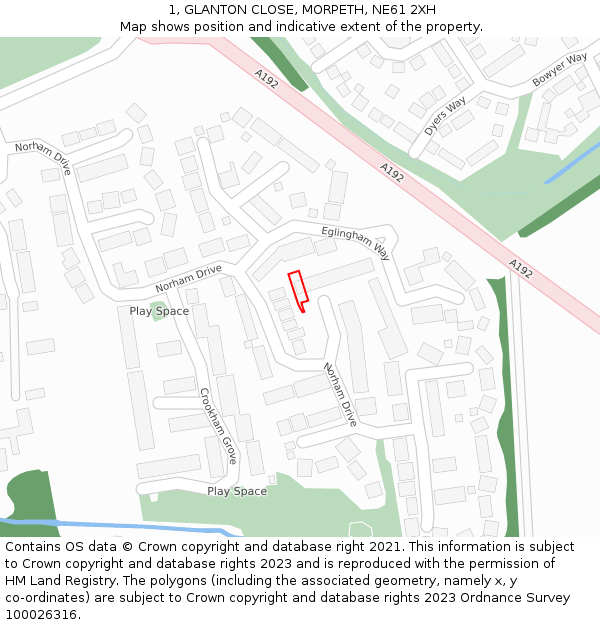 1, GLANTON CLOSE, MORPETH, NE61 2XH: Location map and indicative extent of plot