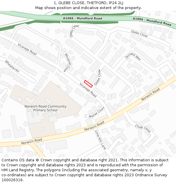 1, GLEBE CLOSE, THETFORD, IP24 2LJ: Location map and indicative extent of plot