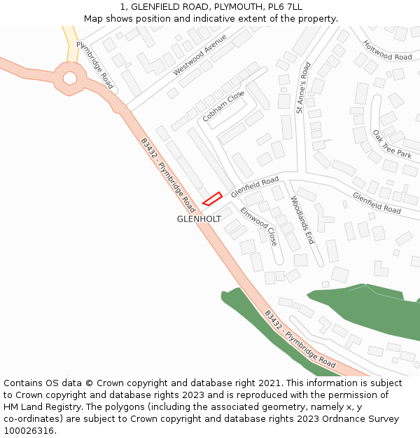1, GLENFIELD ROAD, PLYMOUTH, PL6 7LL: Location map and indicative extent of plot