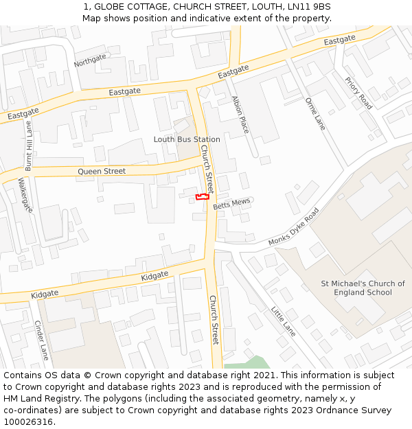1, GLOBE COTTAGE, CHURCH STREET, LOUTH, LN11 9BS: Location map and indicative extent of plot
