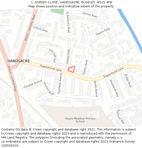 1, GORSEY CLOSE, HANDSACRE, RUGELEY, WS15 4FB: Location map and indicative extent of plot