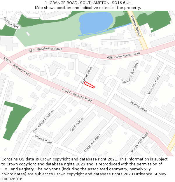 1, GRANGE ROAD, SOUTHAMPTON, SO16 6UH: Location map and indicative extent of plot