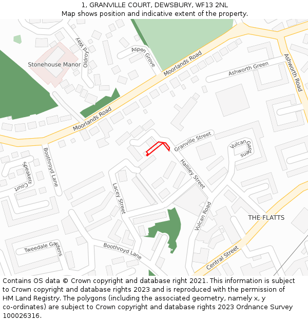 1, GRANVILLE COURT, DEWSBURY, WF13 2NL: Location map and indicative extent of plot