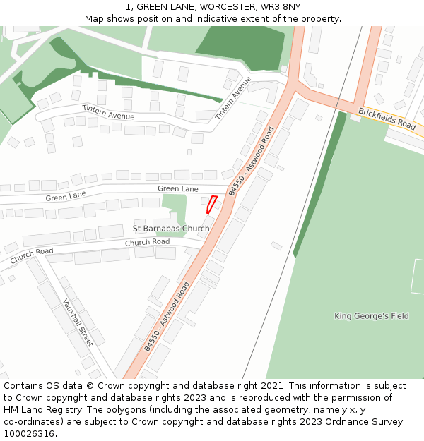 1, GREEN LANE, WORCESTER, WR3 8NY: Location map and indicative extent of plot