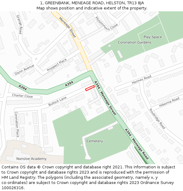 1, GREENBANK, MENEAGE ROAD, HELSTON, TR13 8JA: Location map and indicative extent of plot