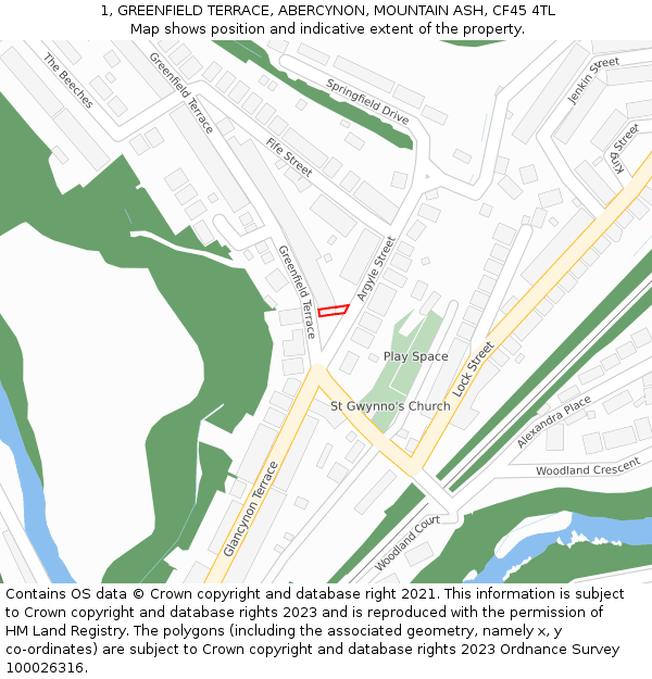 1, GREENFIELD TERRACE, ABERCYNON, MOUNTAIN ASH, CF45 4TL: Location map and indicative extent of plot